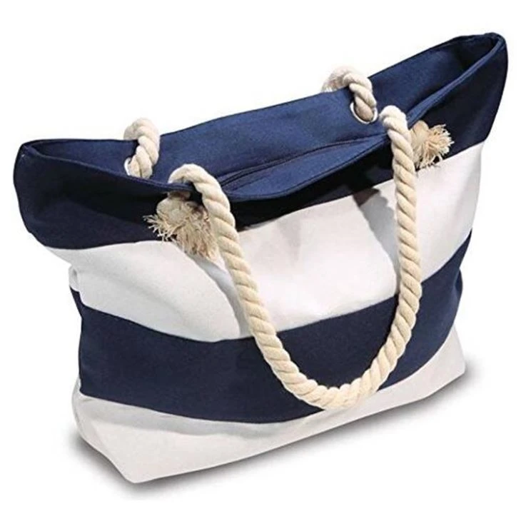 Venta caliente 100% Biodegradable raya modificado para requisitos particulares promocionales algodón lona playa plegable bolsa bolsa bolsa de compras con cremallera